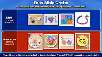 Finished Bible crafts from the All Stars 4-week Sunday school curriculum, Kids edition (ages 6 to 12) and Preschool edition (ages 3 to 5)
