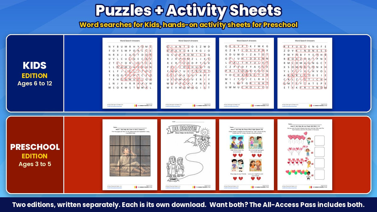 Kids word search puzzles and preschool activity sheets from the All Stars 4-week Sunday school curriculum