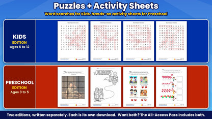 Kids word search puzzles and preschool activity sheets from the All Stars 4-week Sunday school curriculum