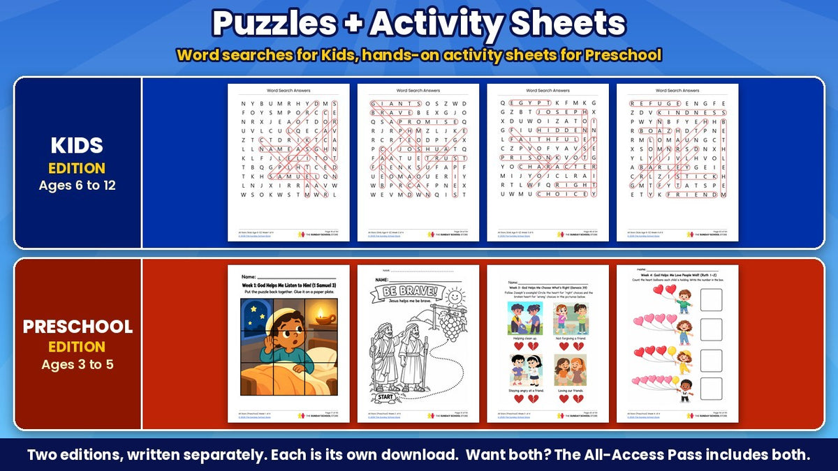 Kids word search puzzles and preschool activity sheets from the All Stars 4-week Sunday school curriculum