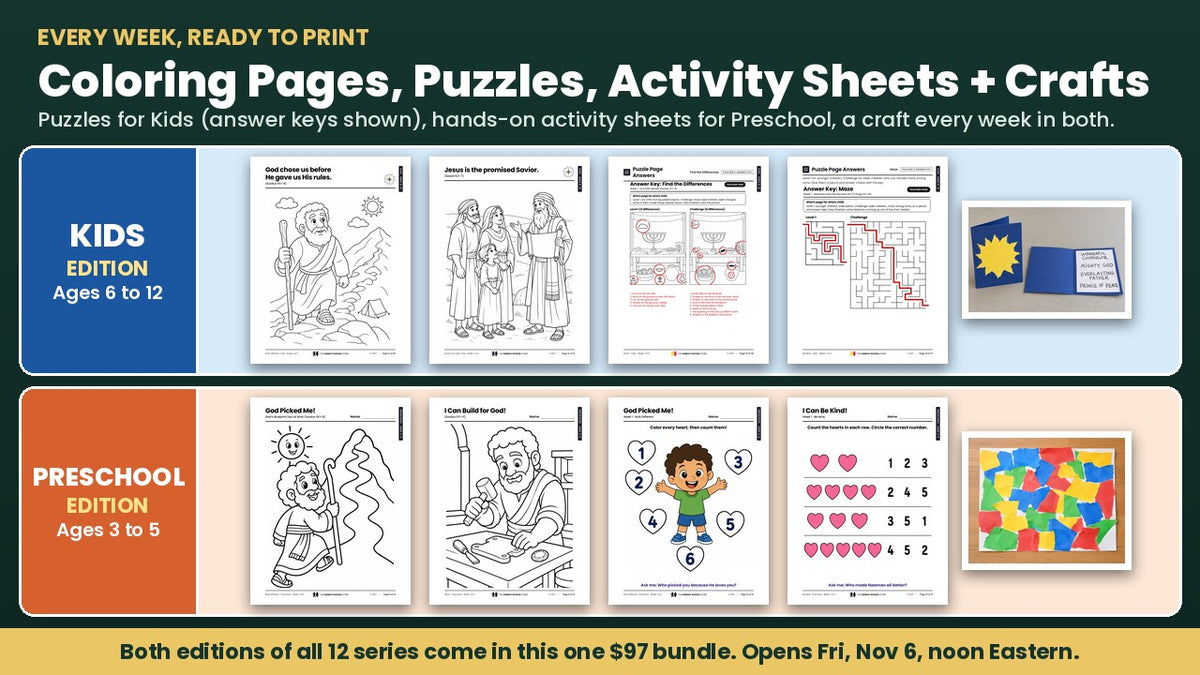 Sample coloring pages, puzzles with answer keys, preschool activity sheets and a weekly craft from the Kids and Preschool editions