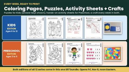 Sample coloring pages, puzzles with answer keys, preschool activity sheets and a weekly craft from the Kids and Preschool editions