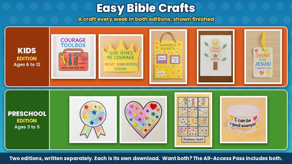 Finished Kids and Preschool Bible crafts from the Backpack Blessings 5-week back to school Sunday school curriculum