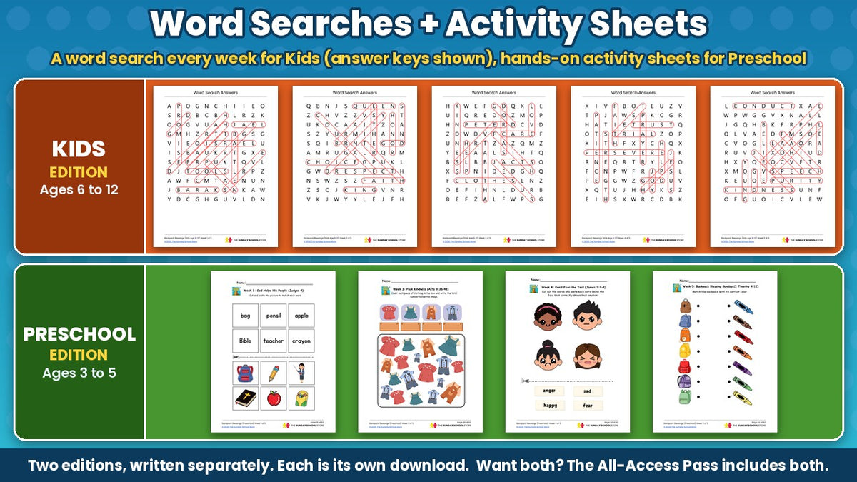 Kids word search answer keys and preschool activity sheets from the Backpack Blessings 5-week back to school Sunday school curriculum