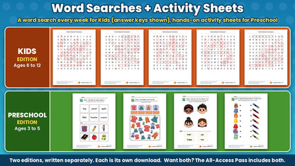 Kids word search answer keys and preschool activity sheets from the Backpack Blessings 5-week back to school Sunday school curriculum