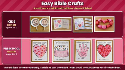 Be Mine finished craft photos for all 4 weeks, Kids edition (ages 6 to 12) and Preschool edition (ages 3 to 5)