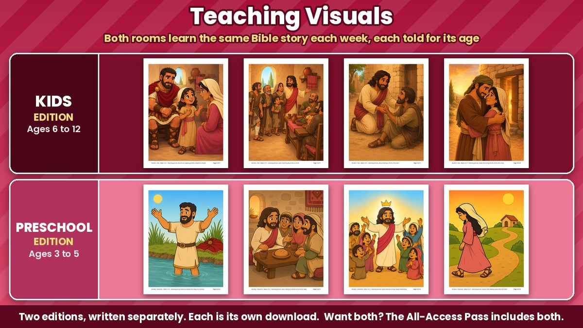 Be Mine teaching visuals: color Bible story pictures for all 4 weeks, Kids edition (ages 6 to 12) and Preschool edition (ages 3 to 5) shown separately