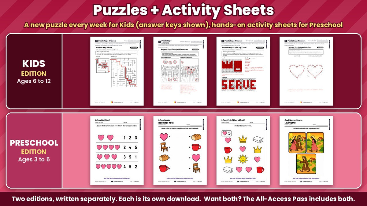 Be Mine puzzle pages with answer keys for Kids (ages 6 to 12) and printable activity sheets for Preschool (ages 3 to 5), all 4 weeks