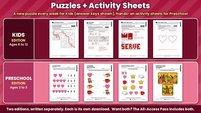 Be Mine puzzle pages with answer keys for Kids (ages 6 to 12) and printable activity sheets for Preschool (ages 3 to 5), all 4 weeks