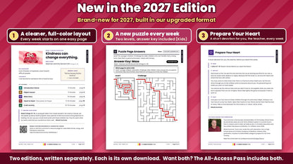 New in the Be Mine 2027 Edition: the full-color Week 1 lesson overview page, a puzzle answer key with two levels, and the Prepare Your Heart teacher devotion, from the Kids edition (ages 6 to 12)