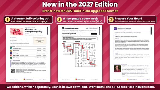 New in the Be Mine 2027 Edition: the full-color Week 1 lesson overview page, a puzzle answer key with two levels, and the Prepare Your Heart teacher devotion, from the Kids edition (ages 6 to 12)