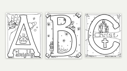 Bible alphabet coloring pages sample: A is for Almighty, B is for the Bible, C is for Christ