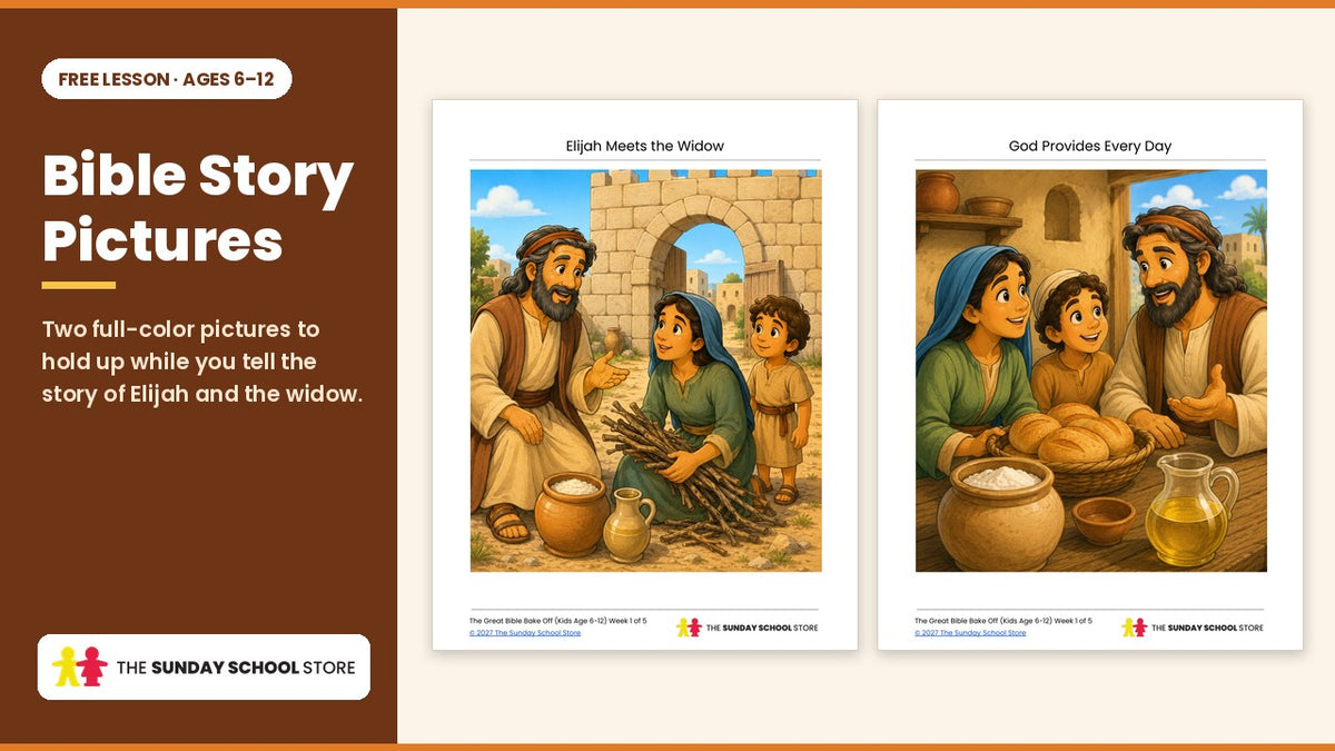 Two full-color Bible story pictures from the lesson: Elijah meeting the widow, and God providing flour and oil every day.