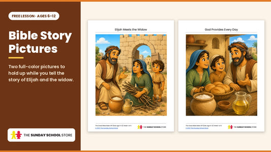 Two full-color Bible story pictures from the lesson: Elijah meeting the widow, and God providing flour and oil every day.