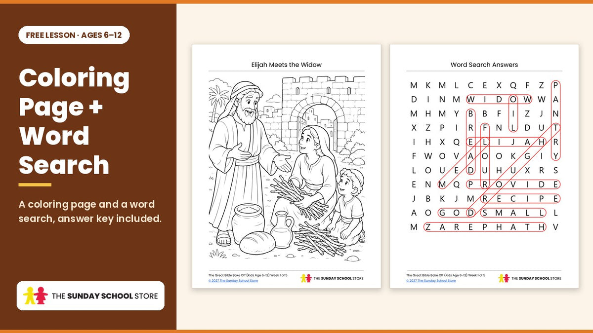 Elijah and the widow coloring page and the Week 1 word search answer key from the free Thanksgiving lesson.