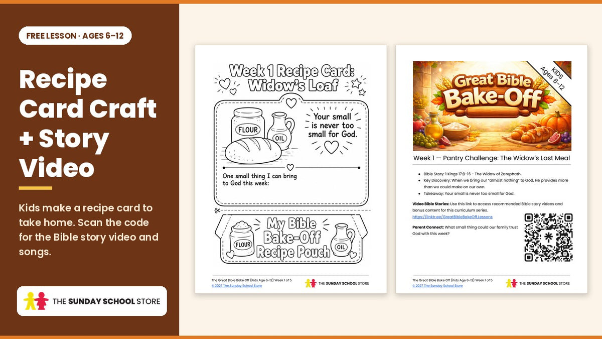The My First Recipe Card craft page and the Week 1 lesson page with a QR code to the Bible story video.