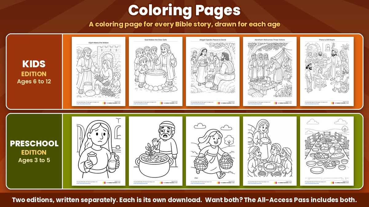Bible coloring pages from the Bible Bake Off 5-week Thanksgiving Sunday school curriculum, Kids edition (ages 6 to 12) and Preschool edition (ages 3 to 5)