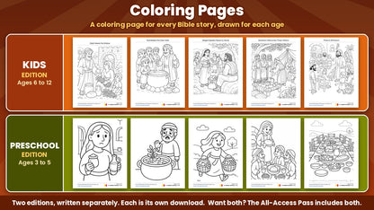 Bible coloring pages from the Bible Bake Off 5-week Thanksgiving Sunday school curriculum, Kids edition (ages 6 to 12) and Preschool edition (ages 3 to 5)