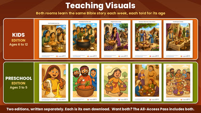Teaching visuals from the Bible Bake Off 5-week Thanksgiving Sunday school curriculum, Kids edition (ages 6 to 12) and Preschool edition (ages 3 to 5), sold separately