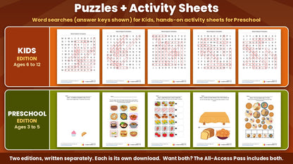 Kids word search answer keys and preschool activity sheets from the Bible Bake Off 5-week Thanksgiving Sunday school curriculum