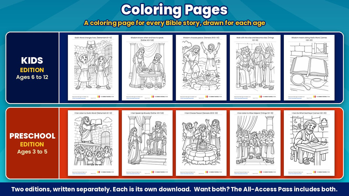 Bible coloring pages from the Book Smart 5-week Sunday school curriculum, Kids edition (ages 6 to 12) and Preschool edition (ages 3 to 5)