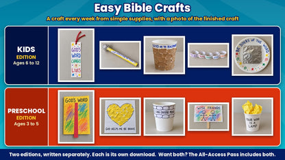 Finished Bible crafts from the Book Smart 5-week Sunday school curriculum, Kids edition (ages 6 to 12) and Preschool edition (ages 3 to 5)