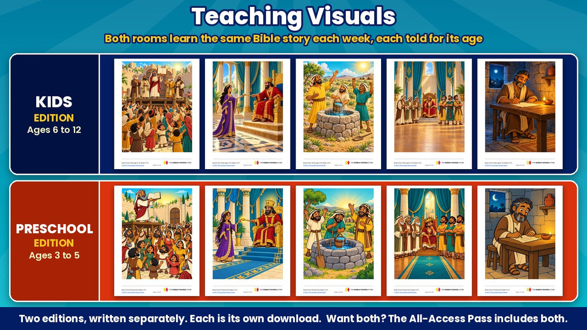 Teaching visuals from the Book Smart 5-week Sunday school curriculum on wisdom, Kids edition (ages 6 to 12) and Preschool edition (ages 3 to 5), sold separately