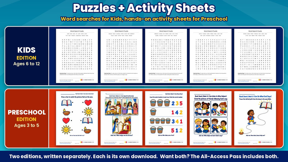 Kids word search puzzles and preschool activity sheets from the Book Smart 5-week Sunday school curriculum on wisdom