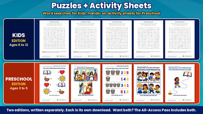 Kids word search puzzles and preschool activity sheets from the Book Smart 5-week Sunday school curriculum on wisdom