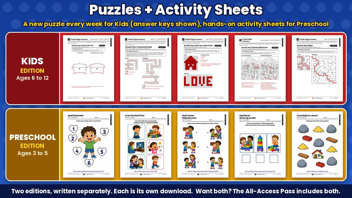 Built Different puzzle pages with answer keys for Kids (ages 6 to 12) and printable activity sheets for Preschool (ages 3 to 5), all 5 weeks