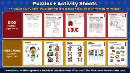 Built Different puzzle pages with answer keys for Kids (ages 6 to 12) and printable activity sheets for Preschool (ages 3 to 5), all 5 weeks