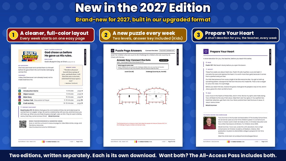New in the Built Different 2027 Edition: the full-color Week 1 lesson overview page, a puzzle answer key with two levels, and the Prepare Your Heart teacher devotion, from the Kids edition (ages 6 to 12), King James Version