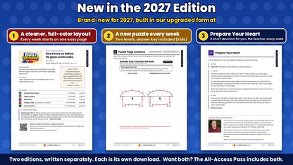 New in the Built Different 2027 Edition: the full-color Week 1 lesson overview page, a puzzle answer key with two levels, and the Prepare Your Heart teacher devotion, from the Kids edition (ages 6 to 12), King James Version
