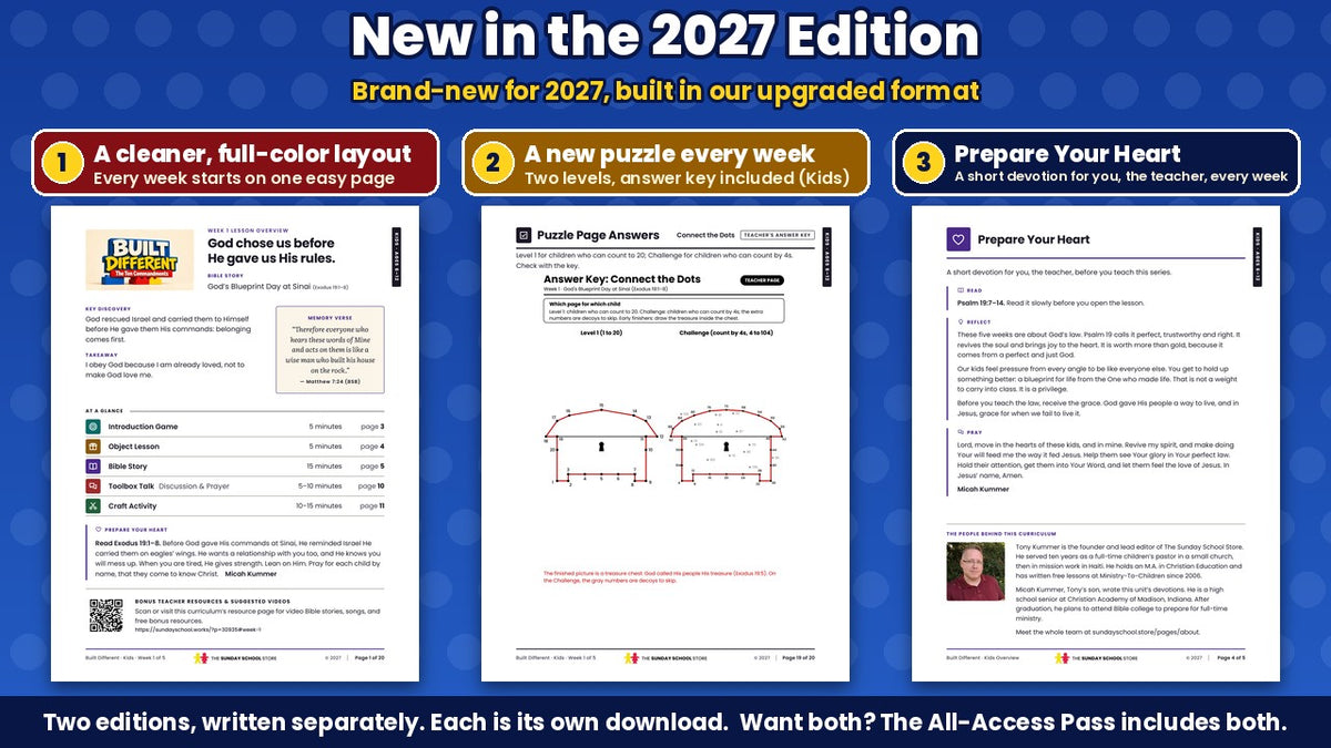New in the Built Different 2027 Edition: the full-color Week 1 lesson overview page, a puzzle answer key with two levels, and the Prepare Your Heart teacher devotion, from the Kids edition (ages 6 to 12)