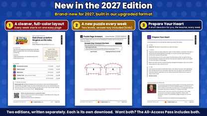 New in the Built Different 2027 Edition: the full-color Week 1 lesson overview page, a puzzle answer key with two levels, and the Prepare Your Heart teacher devotion, from the Kids edition (ages 6 to 12)