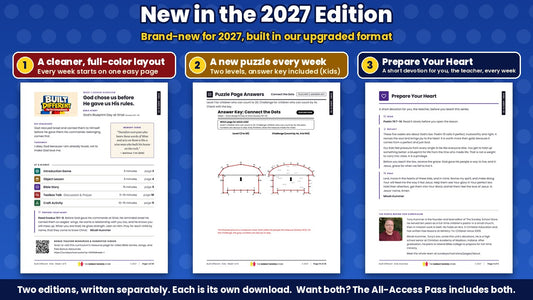New in the Built Different 2027 Edition: the full-color Week 1 lesson overview page, a puzzle answer key with two levels, and the Prepare Your Heart teacher devotion, from the Kids edition (ages 6 to 12)