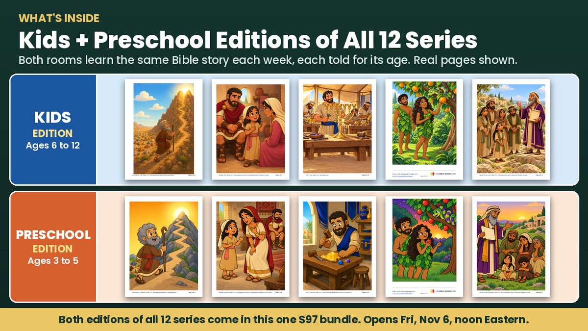 Real lesson pages from the Kids edition (ages 6 to 12) and Preschool edition (ages 3 to 5) of all 12 series, both rooms learning the same Bible story each week