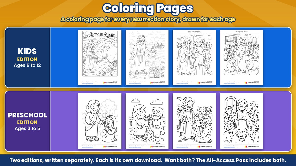 Easter Bible coloring pages from the Come Back King 4-week Sunday school curriculum, Kids edition (ages 6 to 12) and Preschool edition (ages 3 to 5)