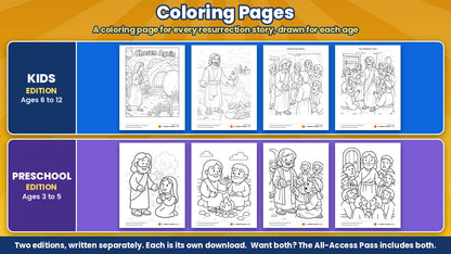 Easter Bible coloring pages from the Come Back King 4-week Sunday school curriculum, Kids edition (ages 6 to 12) and Preschool edition (ages 3 to 5)