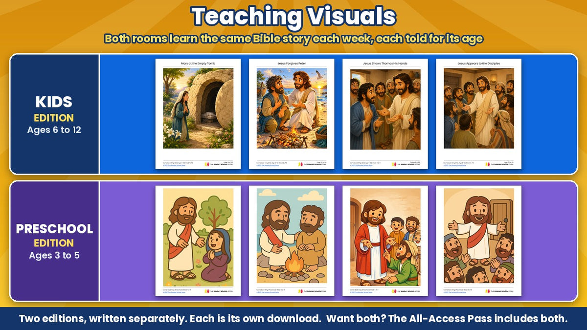 Teaching visuals from the Come Back King 4-week Easter Sunday school curriculum, Kids edition (ages 6 to 12) and Preschool edition (ages 3 to 5), sold separately