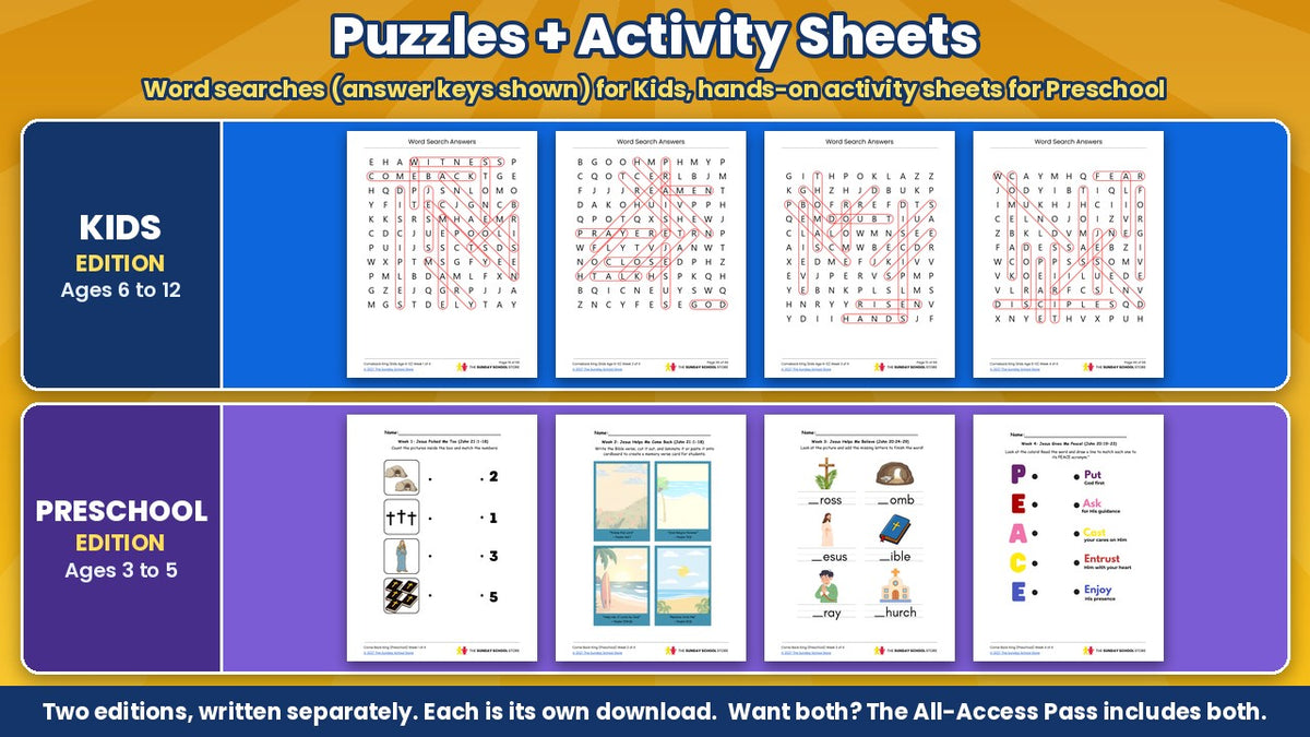 Kids word search answer keys and preschool activity sheets from the Come Back King 4-week Easter Sunday school curriculum