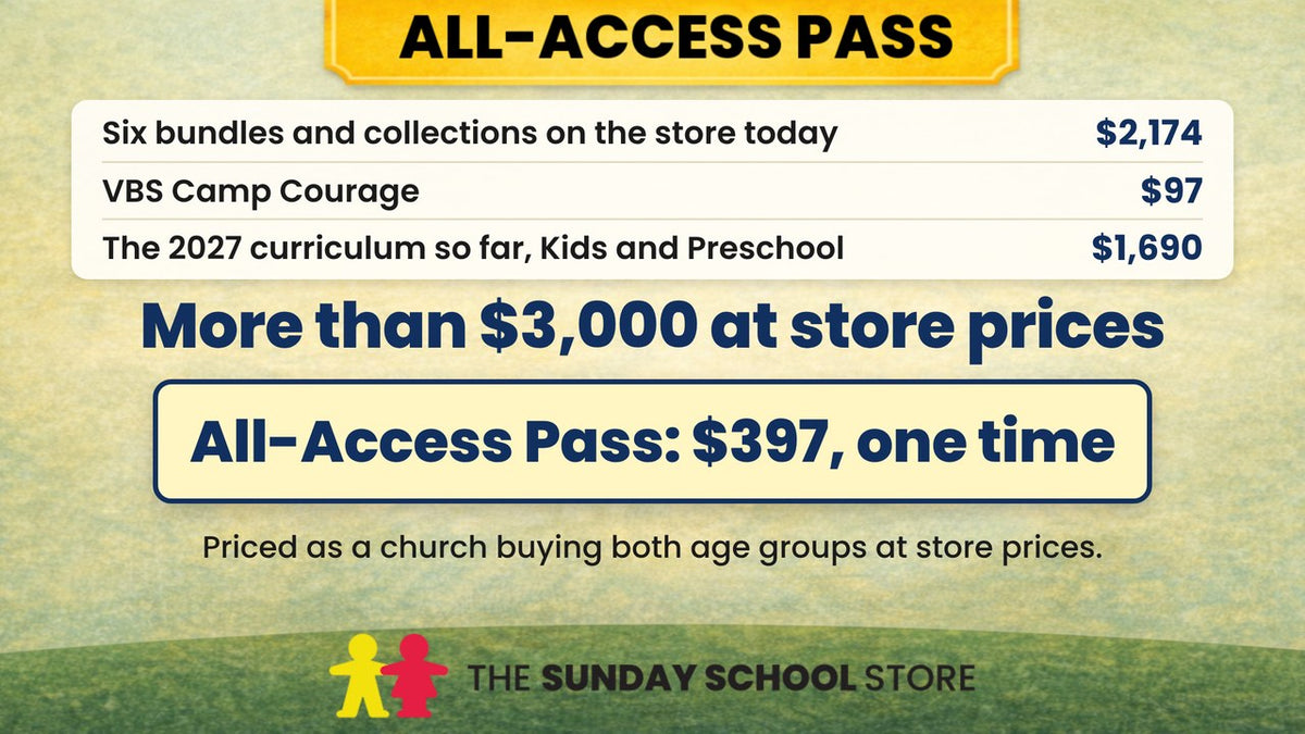 All-Access Pass deal math. Six bundles and collections on the store today, $2,174. VBS Camp Courage, $97. The 2027 curriculum so far, Kids and Preschool, $1,690. More than $3,000 at store prices. All-Access Pass: $397, one time.
