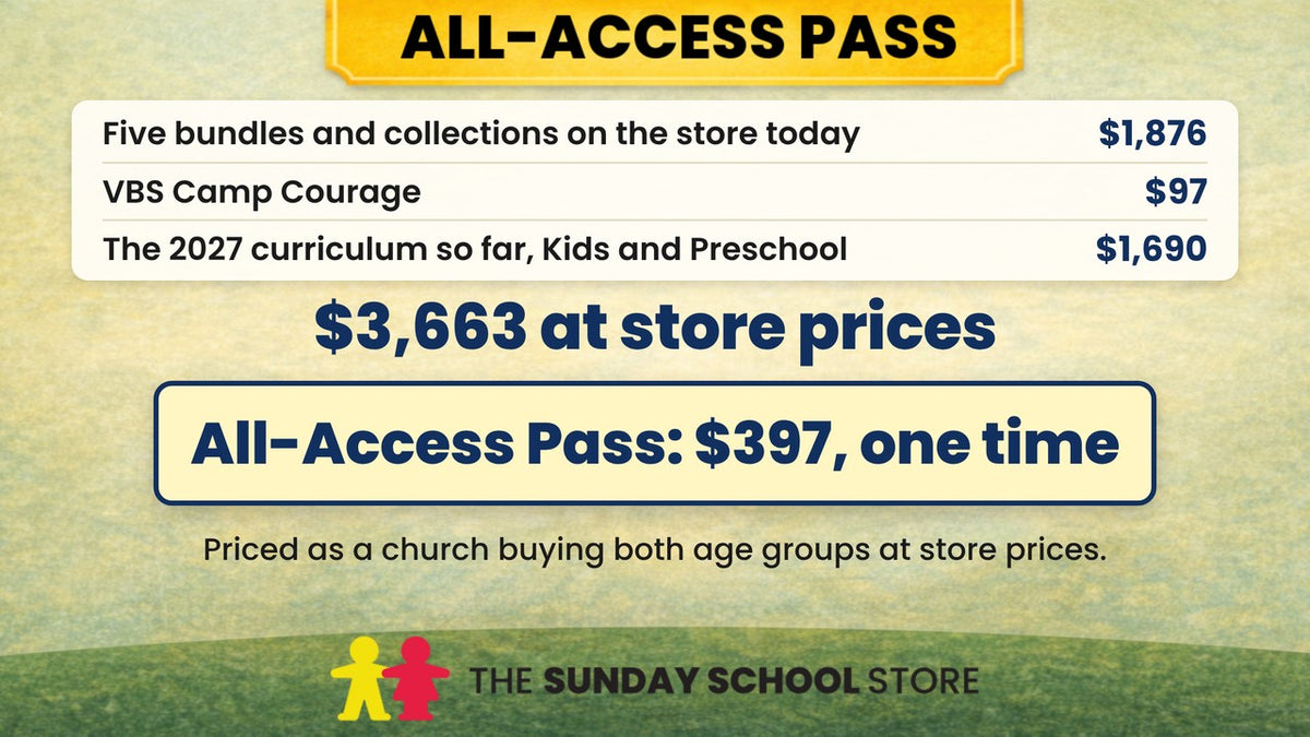 All-Access Pass deal math. Five bundles and collections on the store today, $1,876. VBS Camp Courage, $97. The 2027 curriculum so far, Kids and Preschool, $1,690. $3,663 at store prices. All-Access Pass: $397, one time.