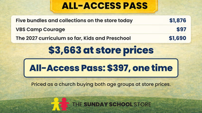 All-Access Pass deal math. Five bundles and collections on the store today, $1,876. VBS Camp Courage, $97. The 2027 curriculum so far, Kids and Preschool, $1,690. $3,663 at store prices. All-Access Pass: $397, one time.