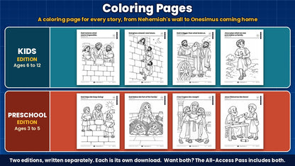 Fixer Upper coloring pages for all 4 weeks, from Nehemiah's wall to Onesimus coming home, Kids edition (ages 6 to 12) and Preschool edition (ages 3 to 5)