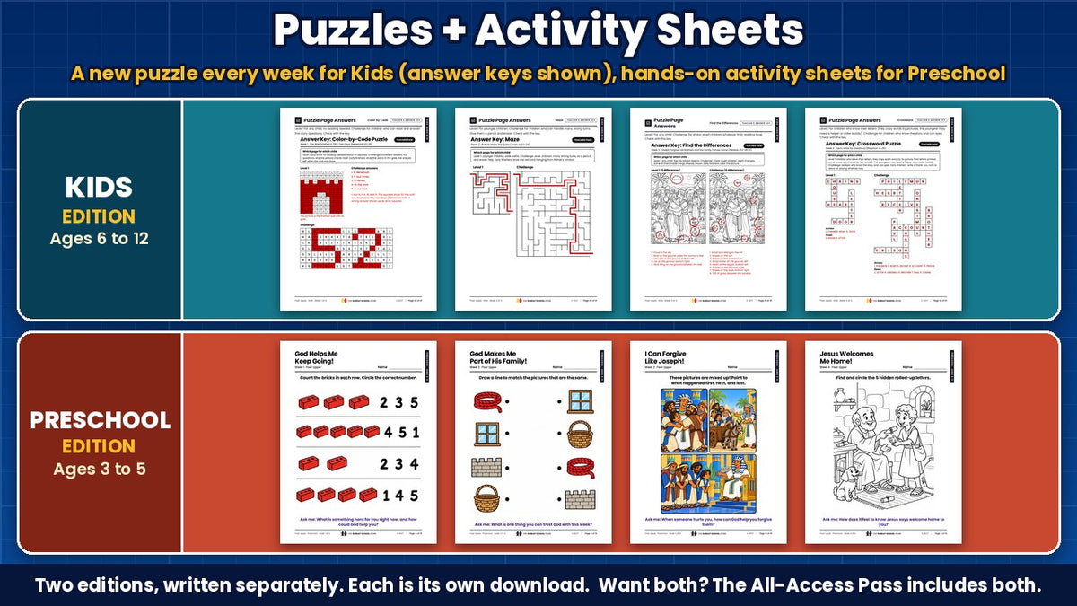 Fixer Upper puzzle pages with answer keys for Kids (ages 6 to 12) and printable activity sheets for Preschool (ages 3 to 5), all 4 weeks