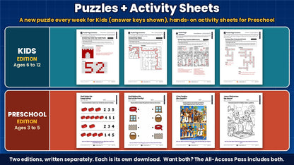 Fixer Upper puzzle pages with answer keys for Kids (ages 6 to 12) and printable activity sheets for Preschool (ages 3 to 5), all 4 weeks