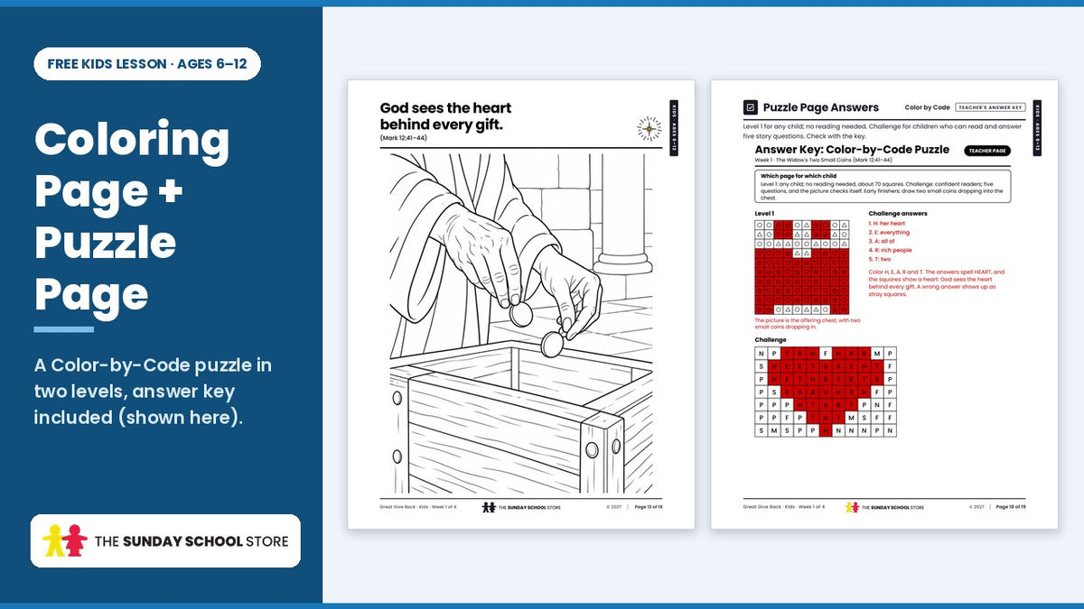 Coloring page and puzzle page from the free giving (Widow's Offering) Sunday school lesson for kids ages 6 to 12