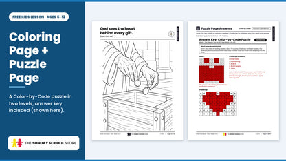 Coloring page and puzzle page from the free giving (Widow's Offering) Sunday school lesson for kids ages 6 to 12
