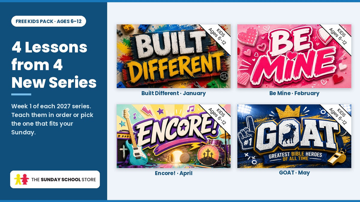 Title graphics of the four series in the free Kids pack: Built Different (January), Be Mine (February), Encore! (April) and GOAT (May)